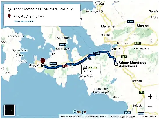 İzmir Havalimanı Alaçatı arası 84km