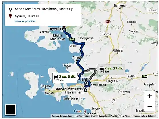 İzmir Havalimanı Ayvalık Arası 182km