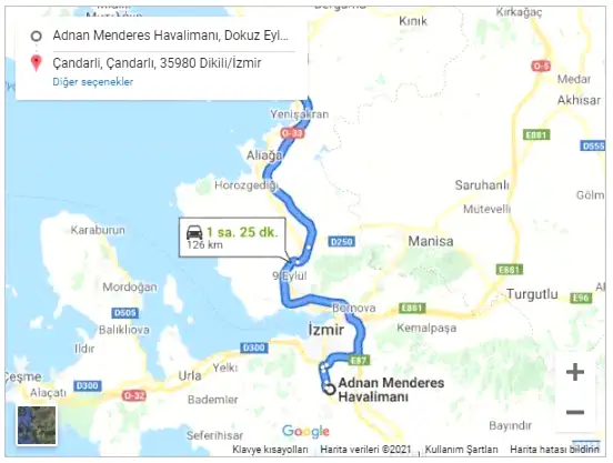 İzmir Havalimanı Çandarlı Arası 126km