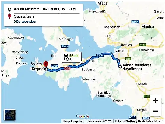 İzmir Havalimanı Çeşme Arası 86,5km