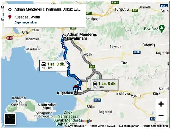 İzmir Havalimanı Kuşadası arası 67km