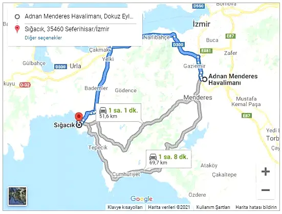 İzmir Havalimanı Sığacık Arası 51,6km